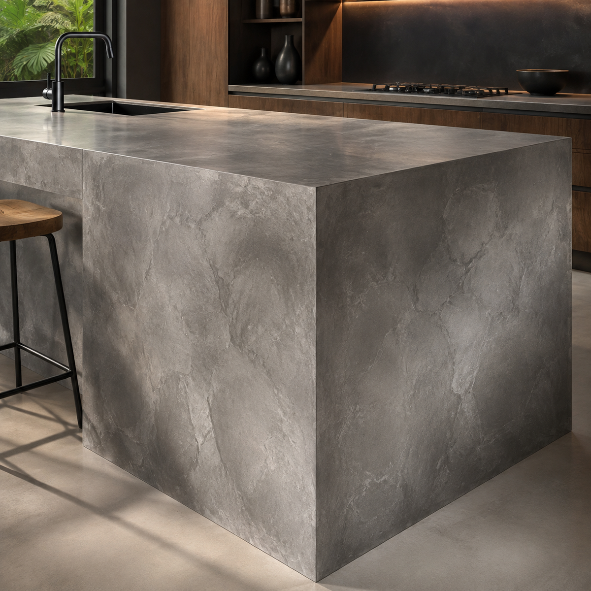 Finished Cemento 3D microcement benchtop and waterfall island