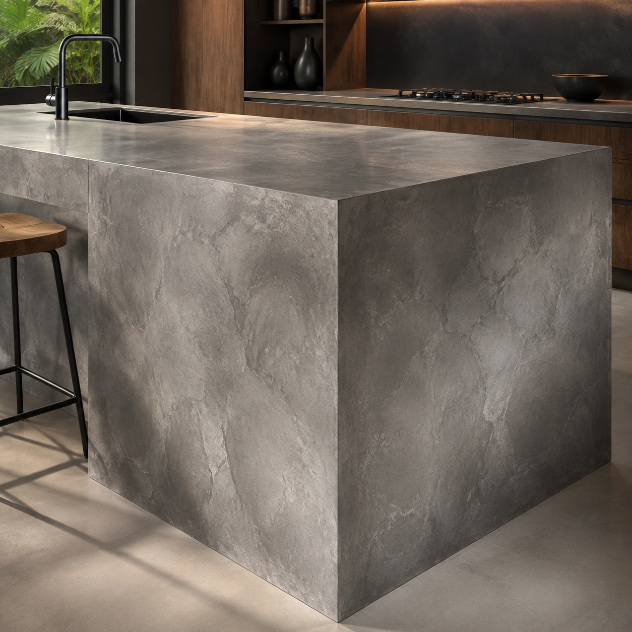 Finished Cemento 3D microcement benchtop and waterfall island
