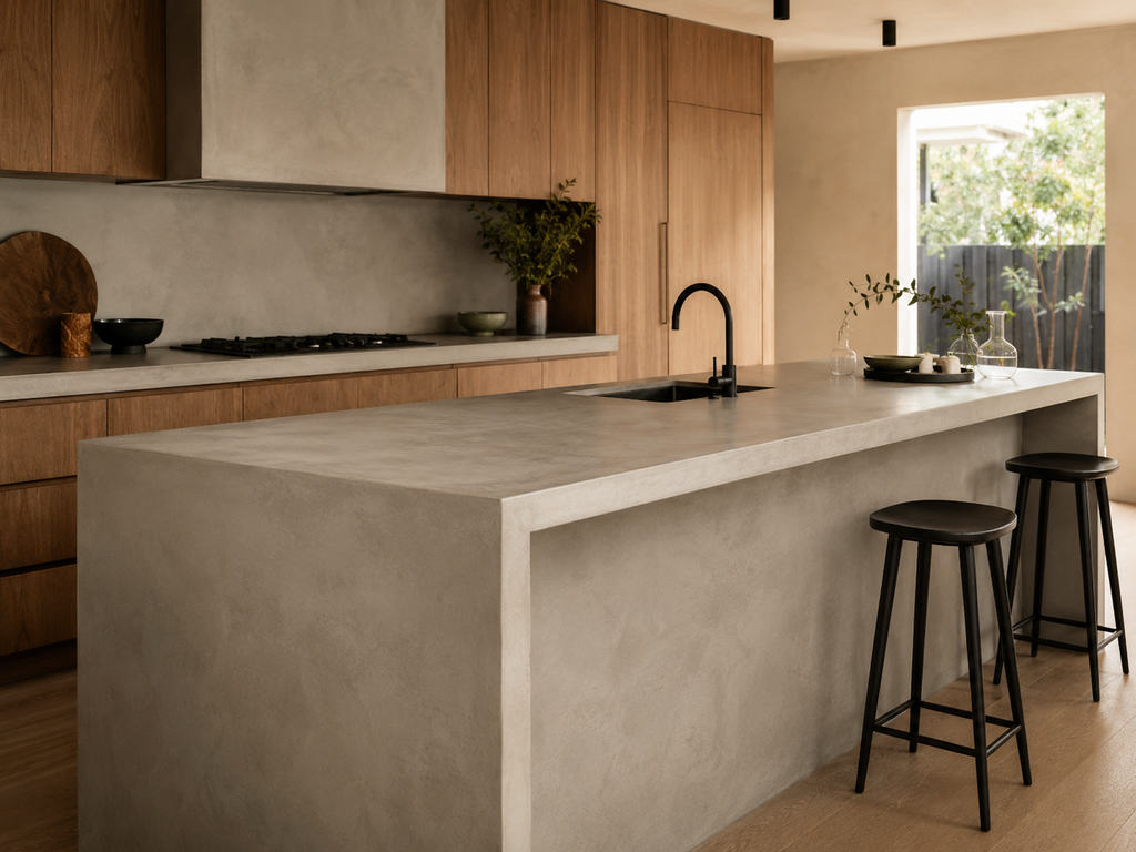Warm modern kitchen with a hand-finished Cemento 3D microcement benchtop and waterfall island