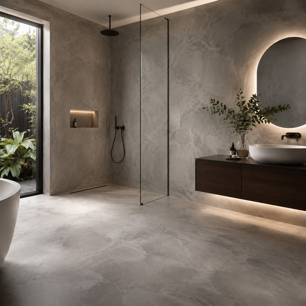 Grey microcement bathroom design with an unobstructed recessed niche and a single frameless glass screen beside the shower