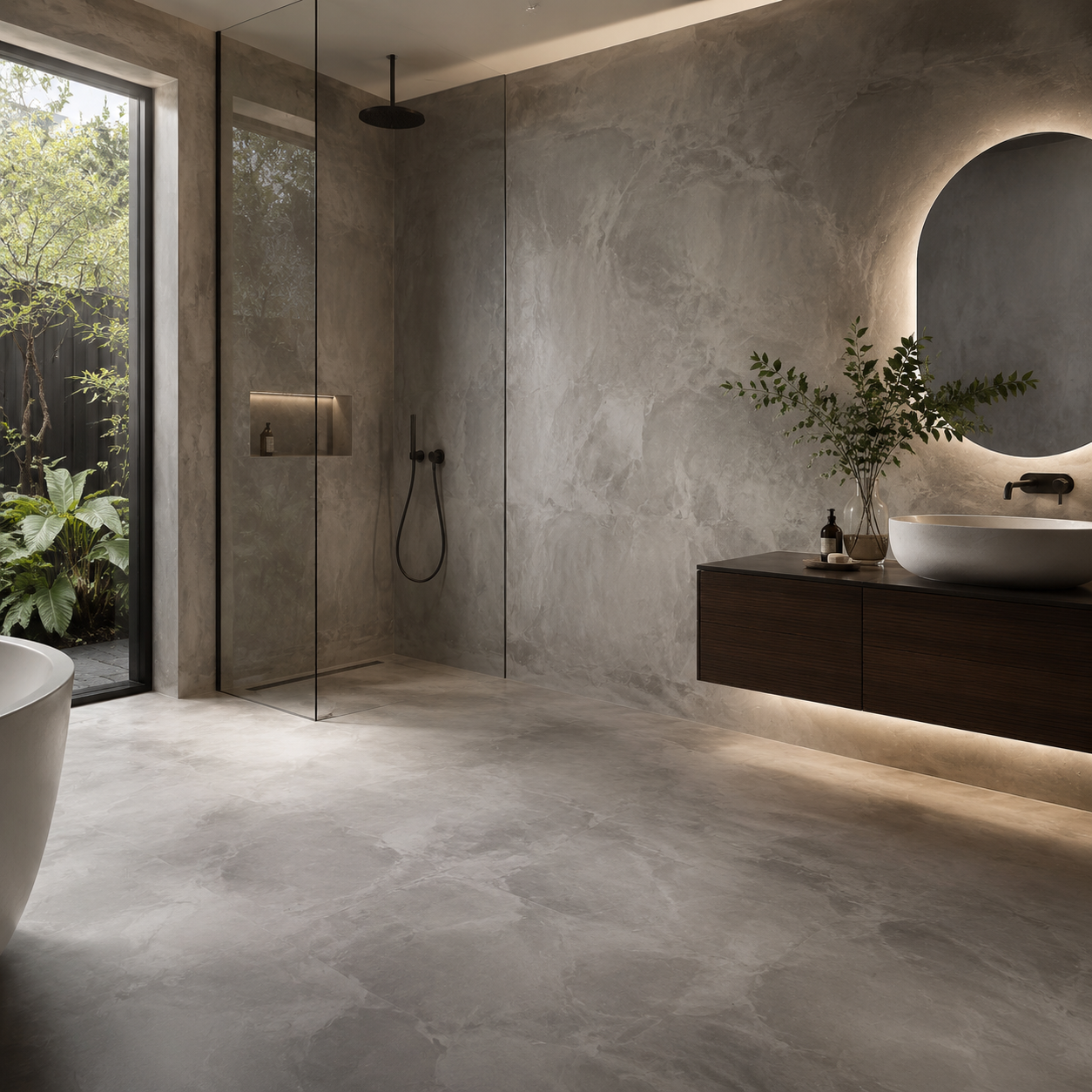 Finished Cemento 3D tiled bathroom floor and walls