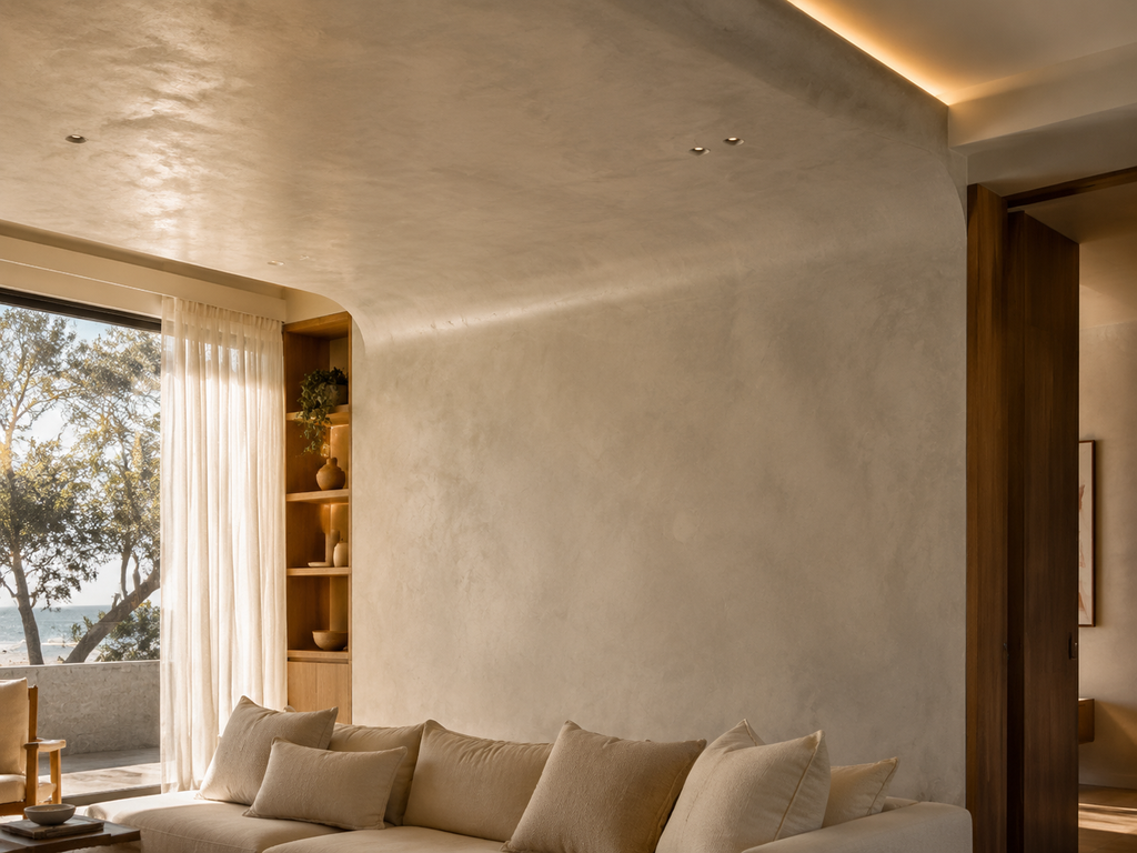 Coastal living room with seamless hand-finished Cemento 3D microcement wall and ceiling