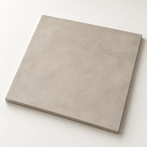 Illustrative microcement sample board showing a warm neutral hand-trowelled finish