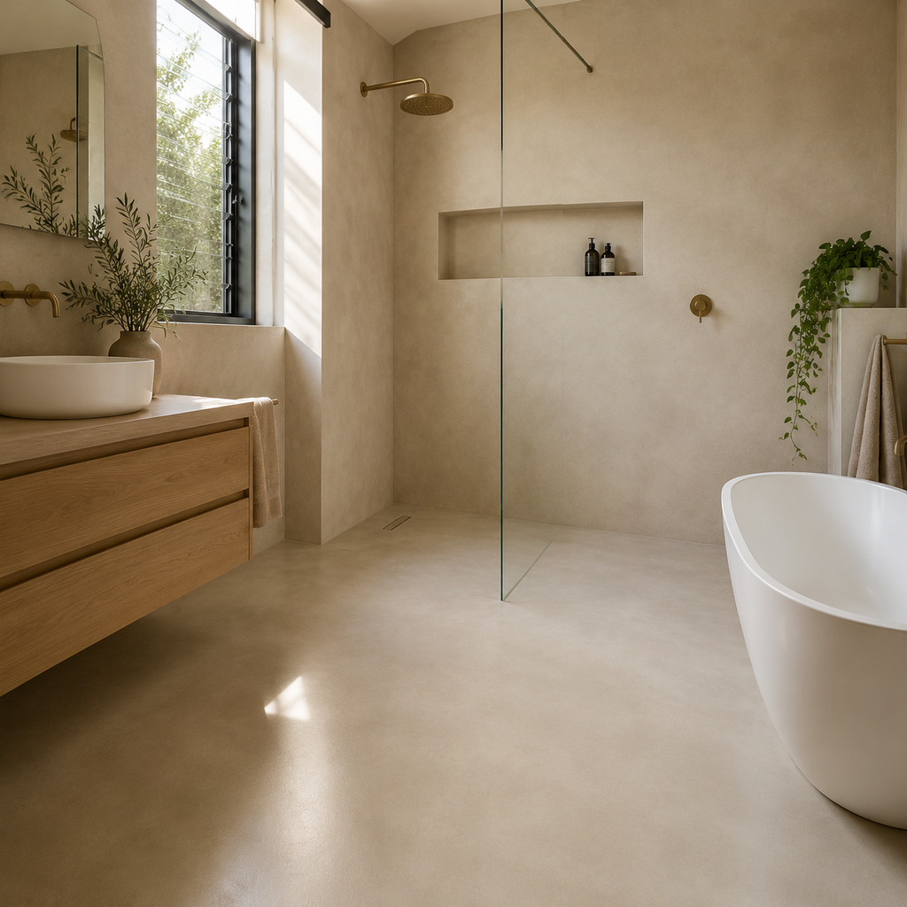 Finished MicroCem-FB tiled bathroom floor and walls