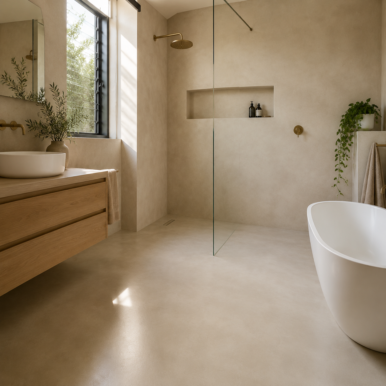 Finished MicroCem-FB tiled bathroom floor and walls