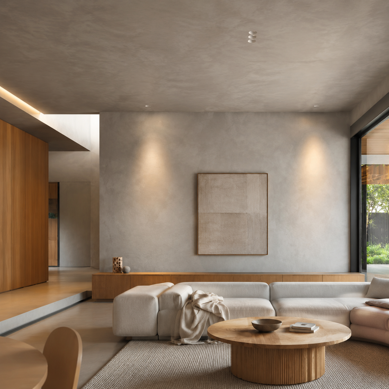 Finished MicroCem-FB wall and ceiling in a contemporary living room