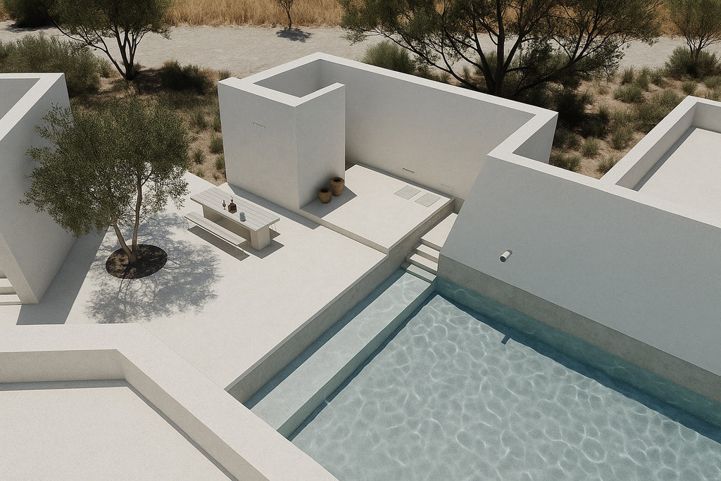 Nikkolor MicroCem-FB pool system in a contemporary architectural setting